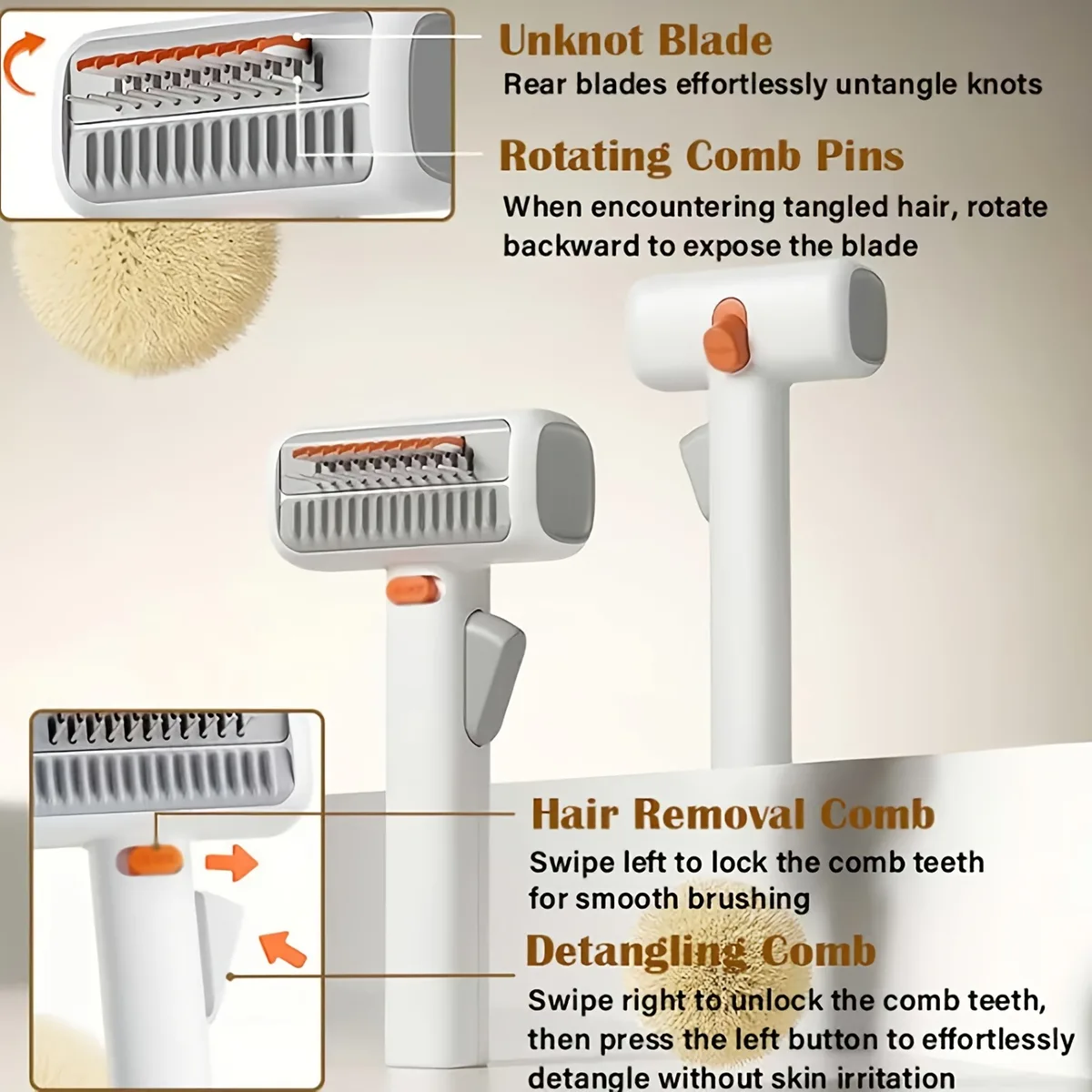 2-in-1 Detangler Comb with One-Click Clean (PB-10) - detail