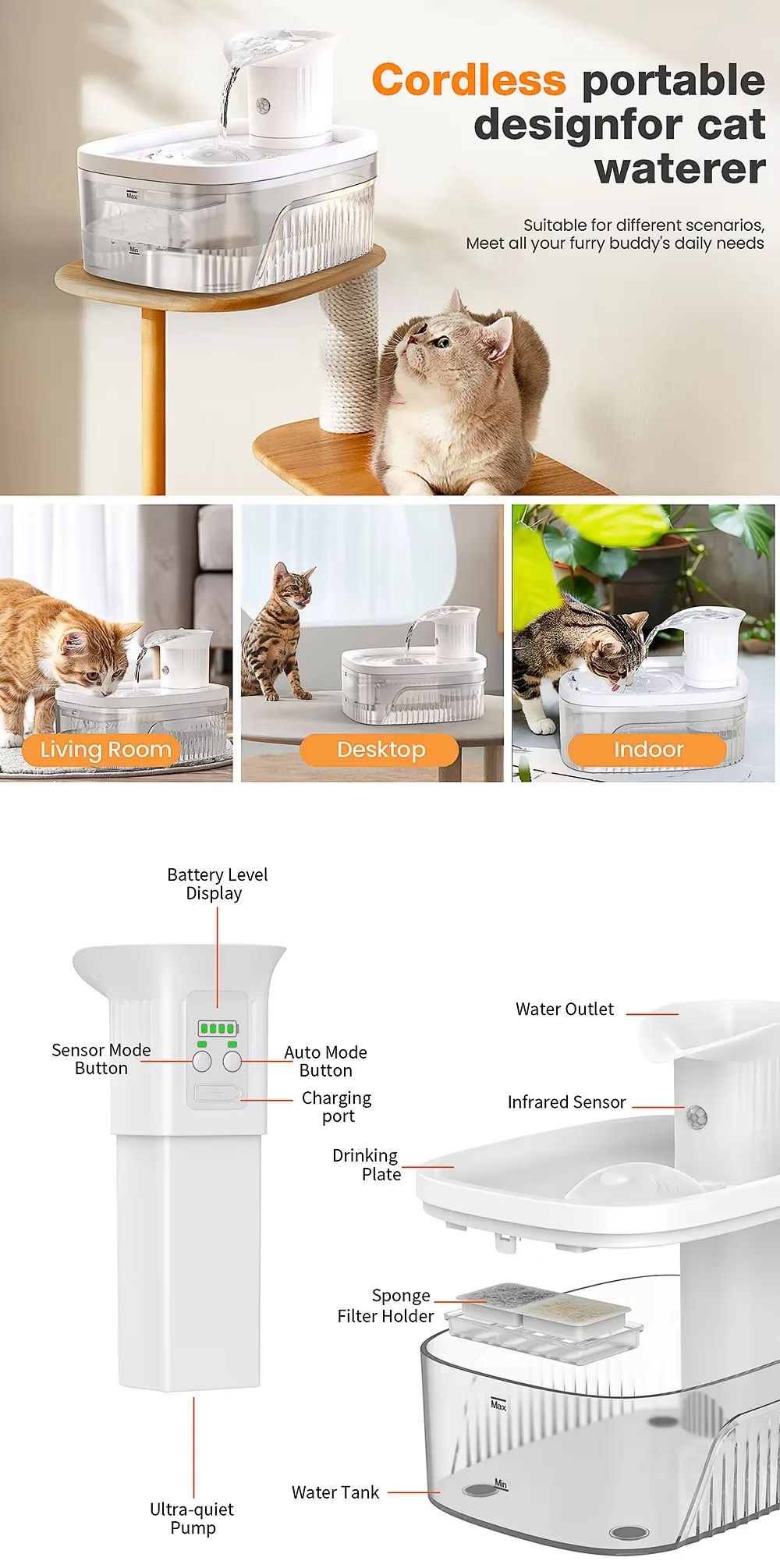 Cordless Cat Water Fountain 2.5L, 2200mAh Battery — Bulk - detail