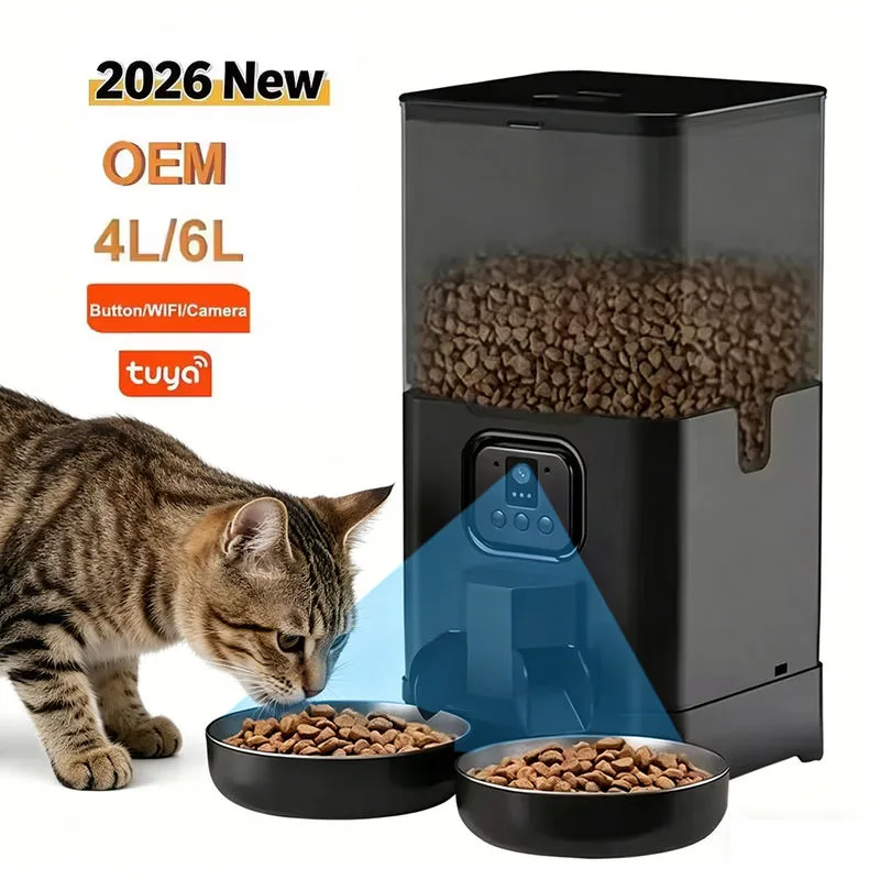 Dual-Bowl Camera Cat Feeder, 4L or 6L — Tuya App, Stainless